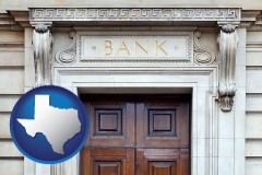 texas map icon and a bank building