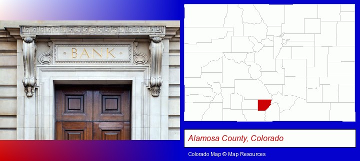 a bank building; Alamosa County, Colorado highlighted in red on a map