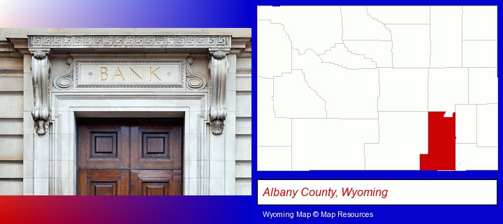 a bank building; Albany County, Wyoming highlighted in red on a map