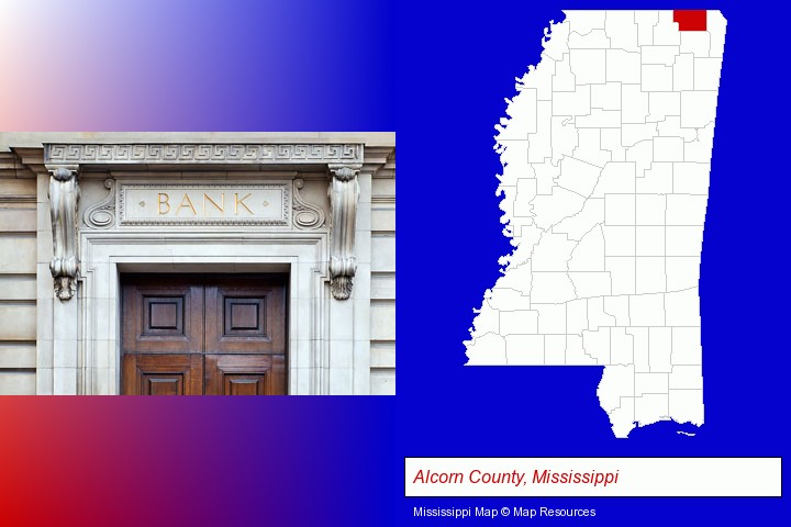a bank building; Alcorn County, Mississippi highlighted in red on a map