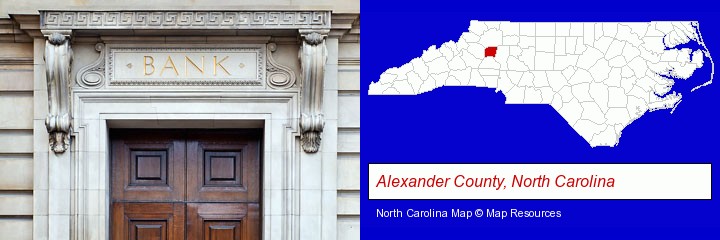 a bank building; Alexander County, North Carolina highlighted in red on a map