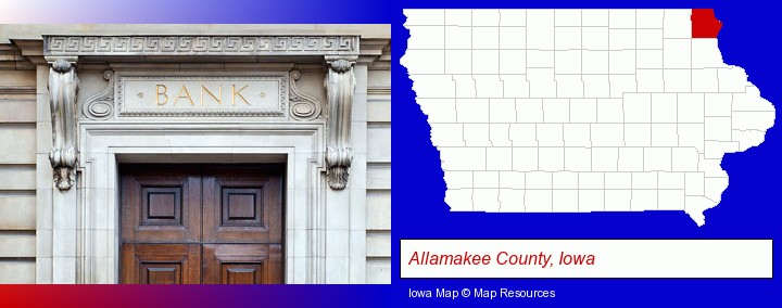 a bank building; Allamakee County, Iowa highlighted in red on a map