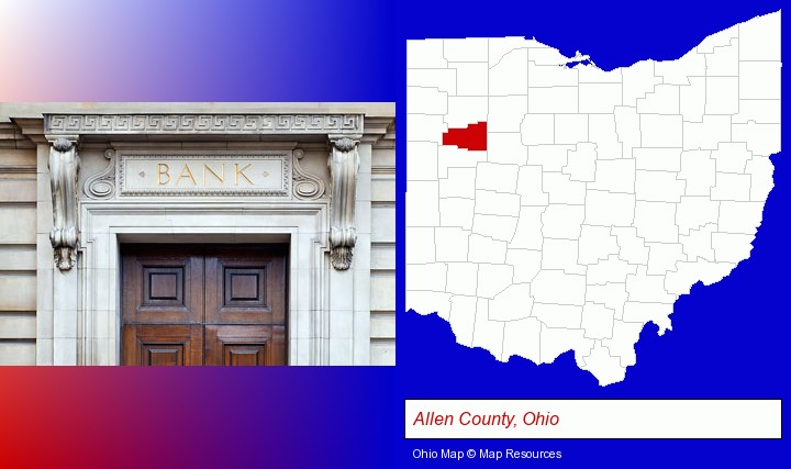 a bank building; Allen County, Ohio highlighted in red on a map