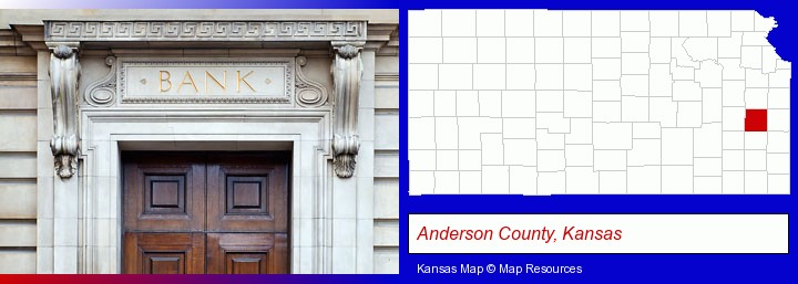 a bank building; Anderson County, Kansas highlighted in red on a map