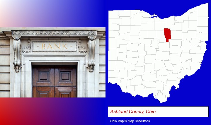 a bank building; Ashland County, Ohio highlighted in red on a map