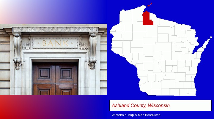 a bank building; Ashland County, Wisconsin highlighted in red on a map