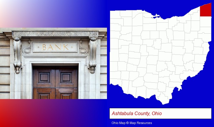 a bank building; Ashtabula County, Ohio highlighted in red on a map