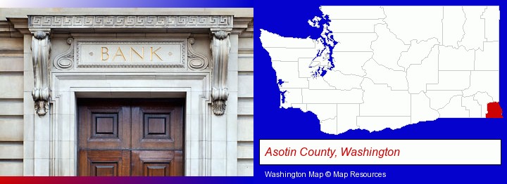 a bank building; Asotin County, Washington highlighted in red on a map
