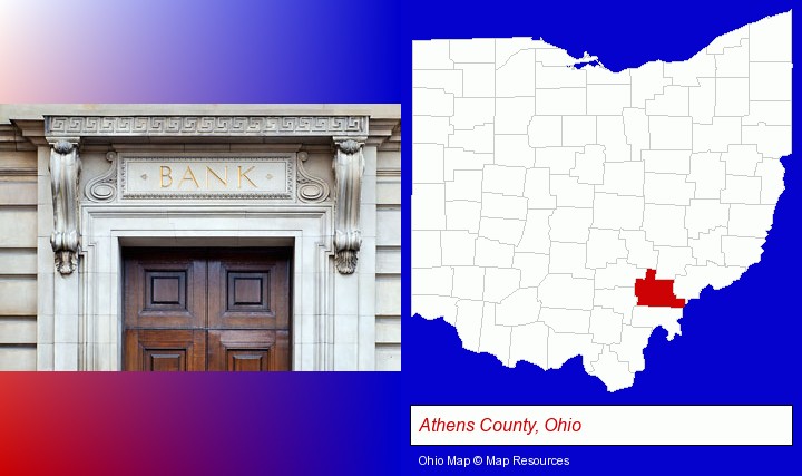 a bank building; Athens County, Ohio highlighted in red on a map