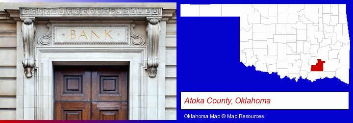 a bank building; Atoka County, Oklahoma highlighted in red on a map