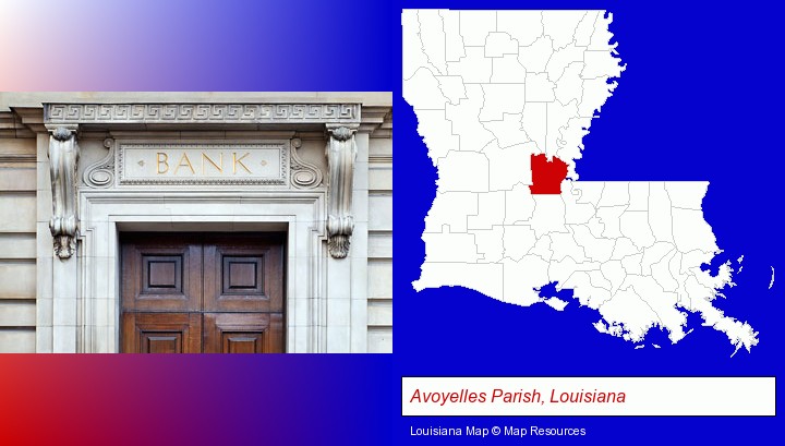 a bank building; Avoyelles Parish, Louisiana highlighted in red on a map