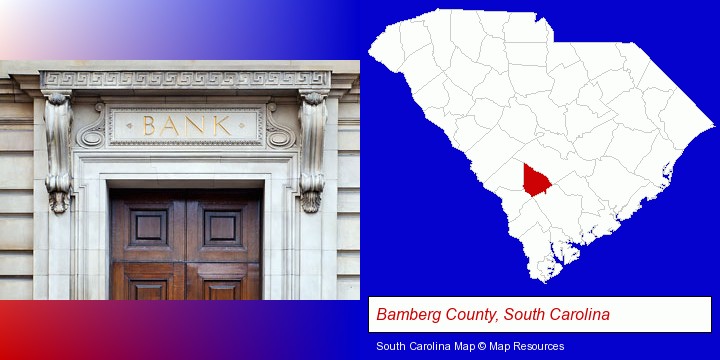 a bank building; Bamberg County, South Carolina highlighted in red on a map