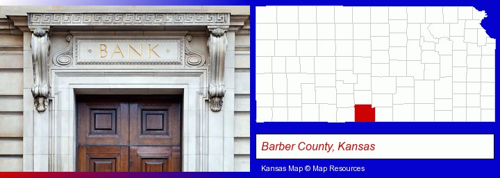 a bank building; Barber County, Kansas highlighted in red on a map