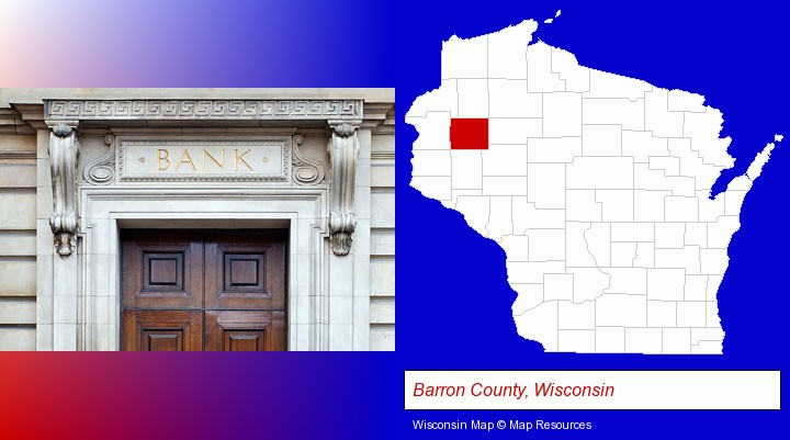 a bank building; Barron County, Wisconsin highlighted in red on a map
