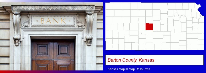 a bank building; Barton County, Kansas highlighted in red on a map