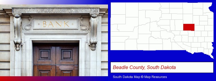 a bank building; Beadle County, South Dakota highlighted in red on a map
