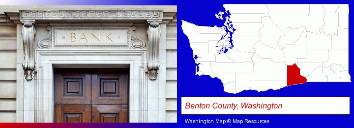 a bank building; Benton County, Washington highlighted in red on a map