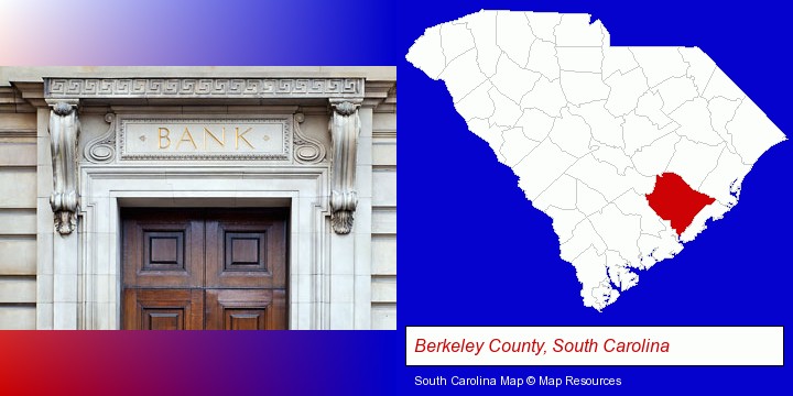 a bank building; Berkeley County, South Carolina highlighted in red on a map