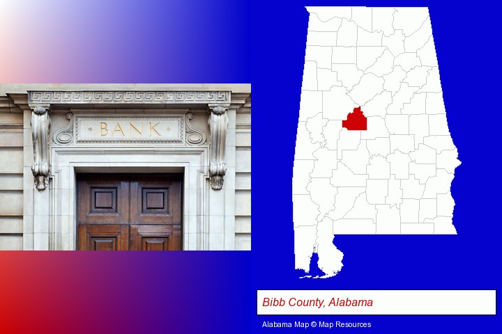 a bank building; Bibb County, Alabama highlighted in red on a map