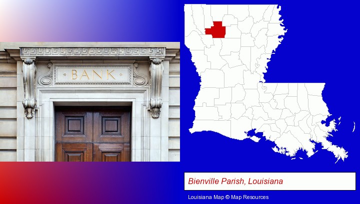 a bank building; Bienville Parish, Louisiana highlighted in red on a map