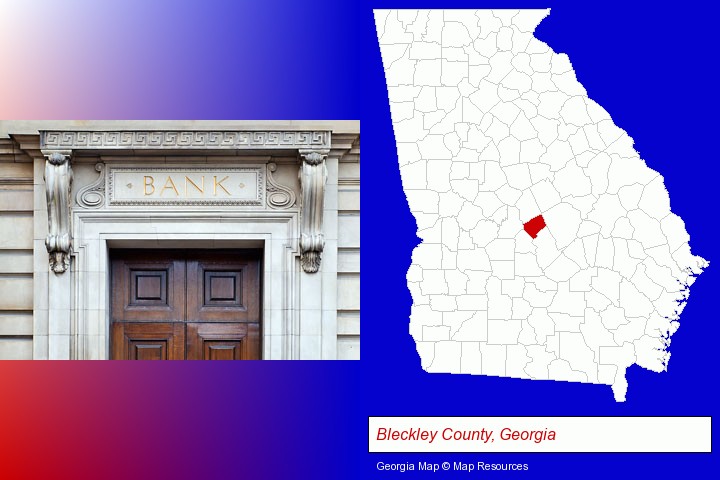 a bank building; Bleckley County, Georgia highlighted in red on a map