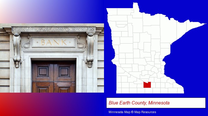 a bank building; Blue Earth County, Minnesota highlighted in red on a map