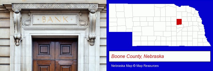 a bank building; Boone County, Nebraska highlighted in red on a map
