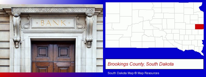a bank building; Brookings County, South Dakota highlighted in red on a map