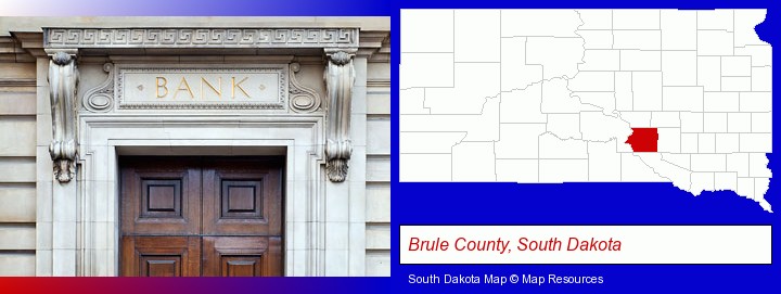 a bank building; Brule County, South Dakota highlighted in red on a map