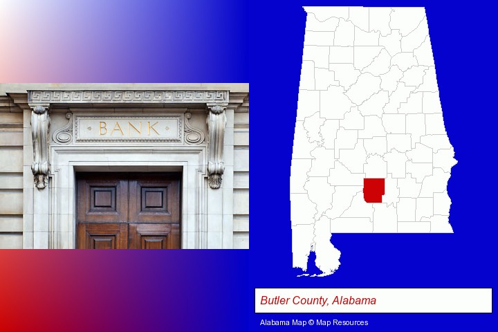 a bank building; Butler County, Alabama highlighted in red on a map