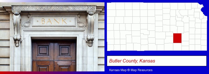 a bank building; Butler County, Kansas highlighted in red on a map