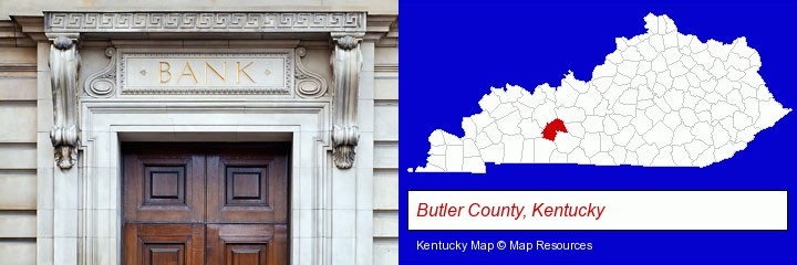 a bank building; Butler County, Kentucky highlighted in red on a map