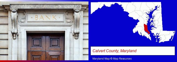 a bank building; Calvert County, Maryland highlighted in red on a map
