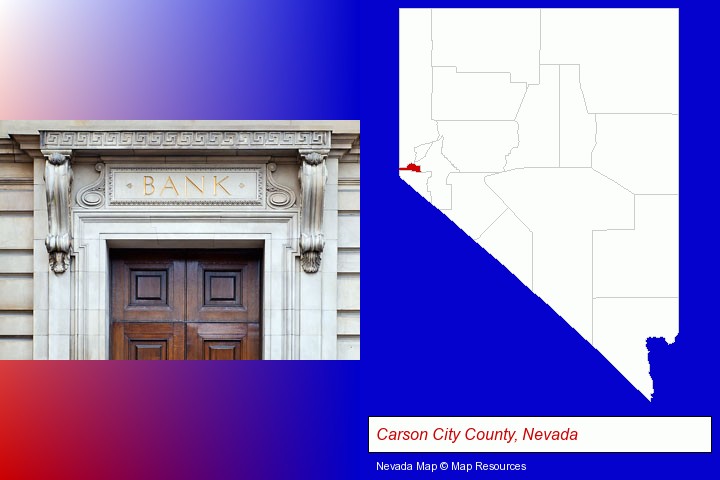 a bank building; Carson City County, Nevada highlighted in red on a map