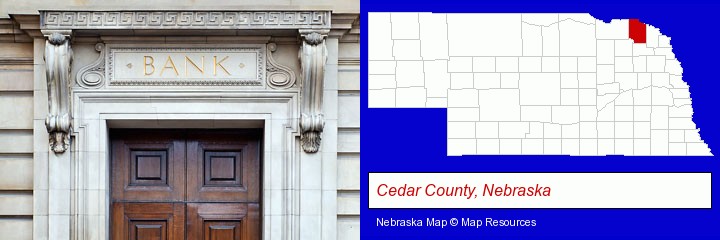 a bank building; Cedar County, Nebraska highlighted in red on a map