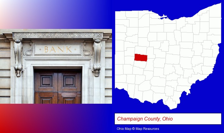 a bank building; Champaign County, Ohio highlighted in red on a map