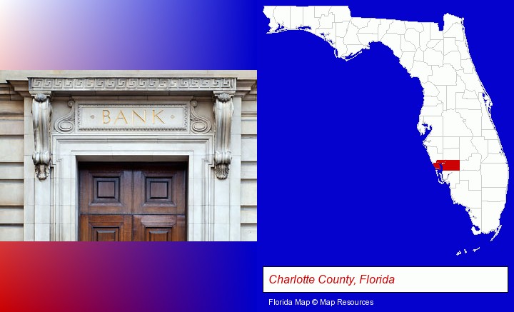 a bank building; Charlotte County, Florida highlighted in red on a map