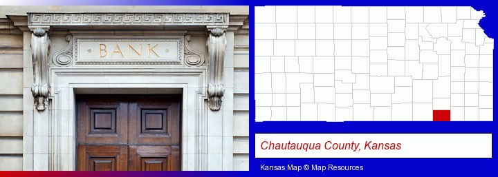 a bank building; Chautauqua County, Kansas highlighted in red on a map