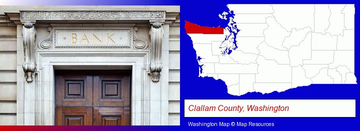 a bank building; Clallam County, Washington highlighted in red on a map