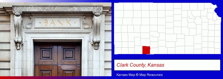 a bank building; Clark County, Kansas highlighted in red on a map