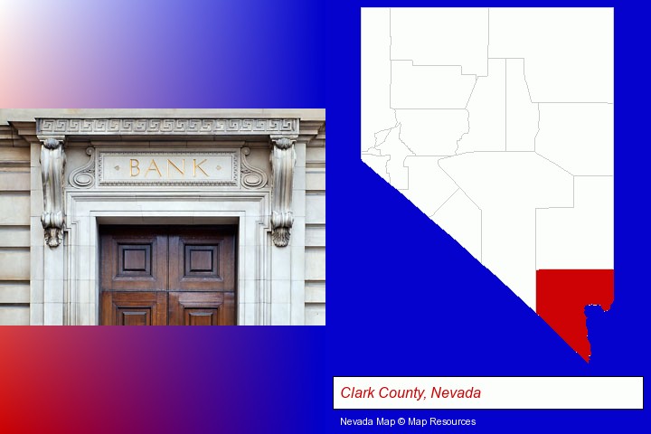 a bank building; Clark County, Nevada highlighted in red on a map