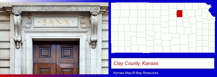 a bank building; Clay County, Kansas highlighted in red on a map