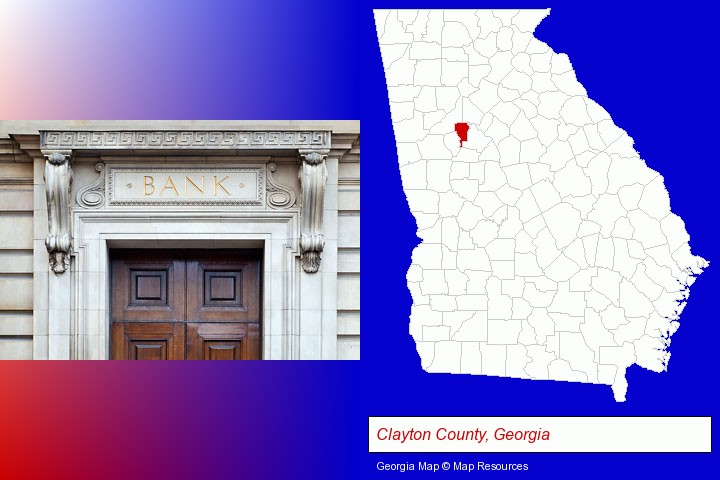 a bank building; Clayton County, Georgia highlighted in red on a map