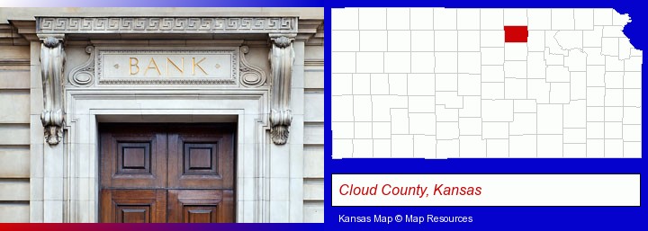 a bank building; Cloud County, Kansas highlighted in red on a map