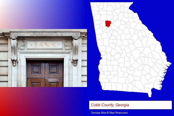 a bank building; Cobb County, Georgia highlighted in red on a map