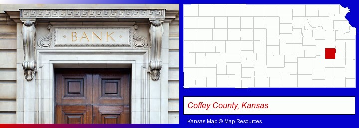a bank building; Coffey County, Kansas highlighted in red on a map
