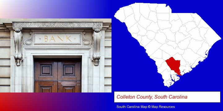 a bank building; Colleton County, South Carolina highlighted in red on a map