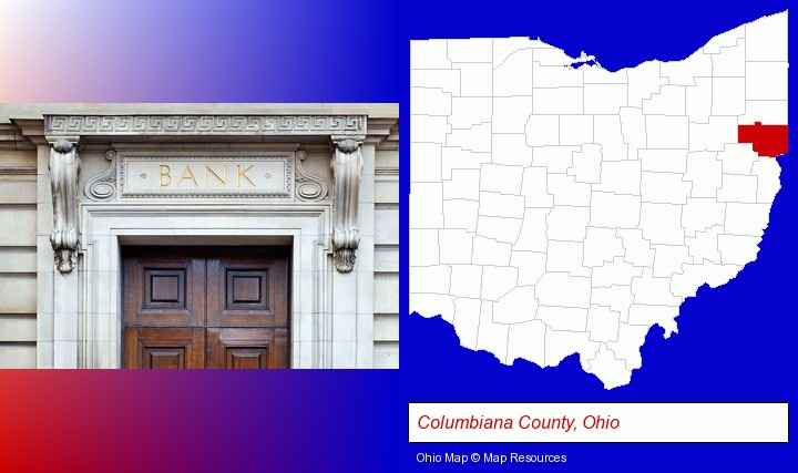 a bank building; Columbiana County, Ohio highlighted in red on a map