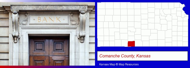 a bank building; Comanche County, Kansas highlighted in red on a map