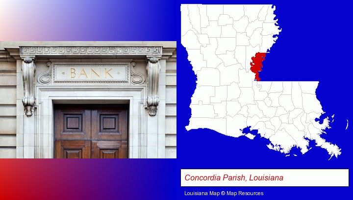 a bank building; Concordia Parish, Louisiana highlighted in red on a map